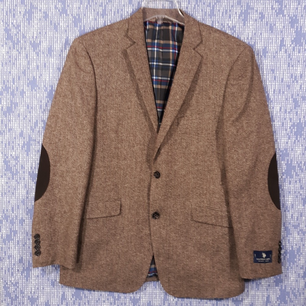U.S. POLO ASSN Wool Blend Blazer Jacket Mens 40R Elbow Patches Brown NEW